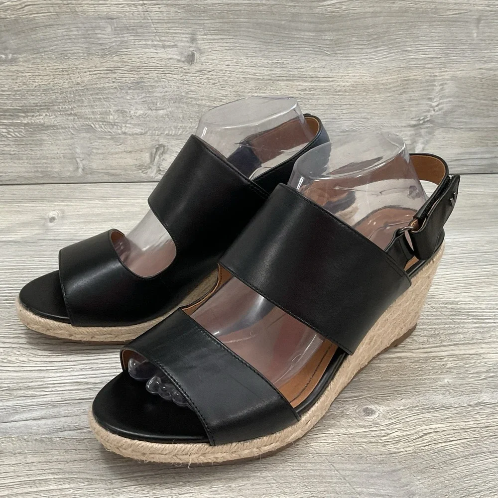 Vionic Brooke Black Leather Espadrille Wedge Beautiful Sandals Women's Size 10 M